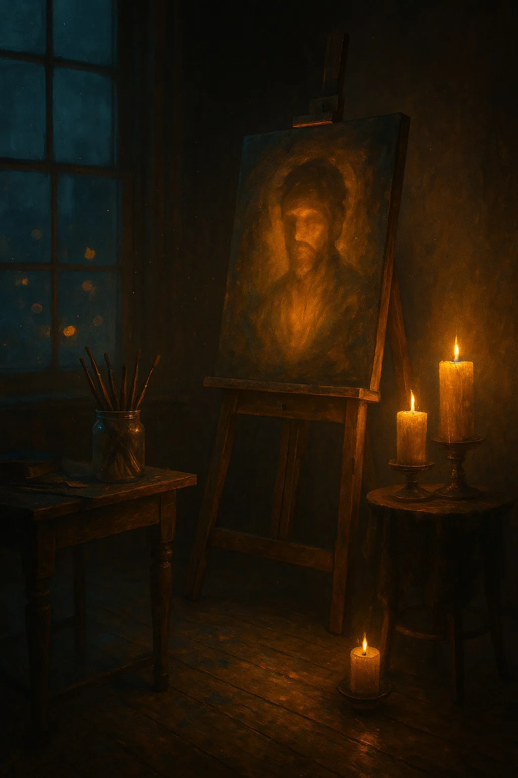 Studio at dusk: canvas with a softly glowing portrait, candlelight, warm golden ambience—magical and romantic
