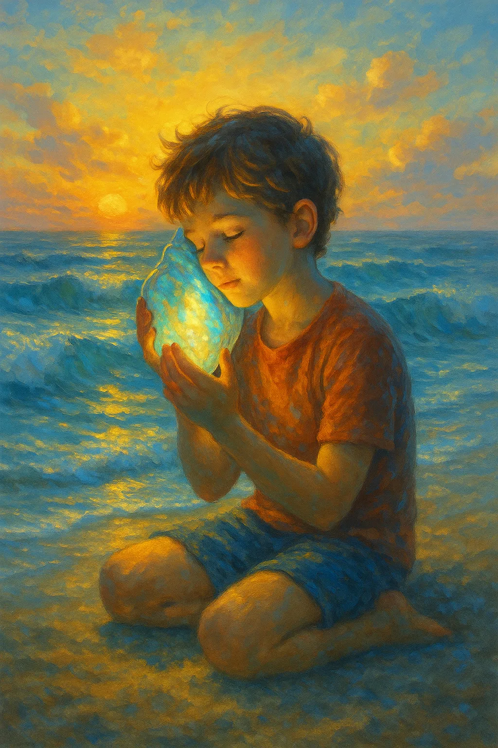 Menino com concha cintilante à beira-mar, ondas e luz, atmosfera mágica