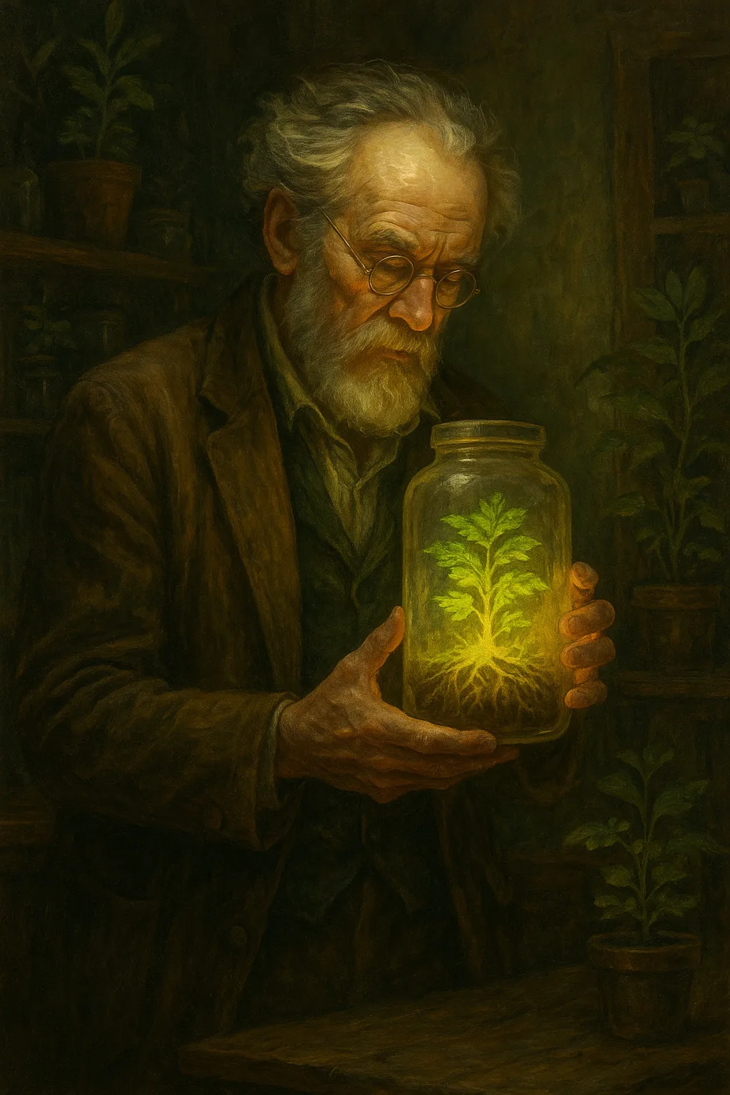 Verlassenes Gewächshaus bei Nacht, Ranke mit leuchtenden Ringen, Nebel und Tropfen – düster-poetische Atmosphäre