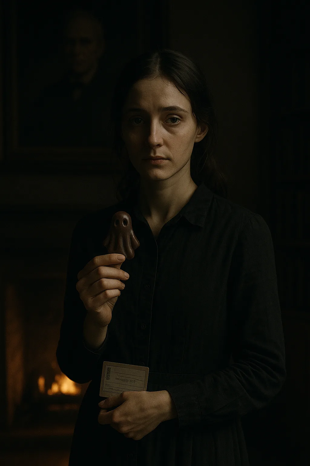 Junge Frau in dunkler Bibliothek, hält eine kleine Schokoladenfigur in der Hand – unheimliche Halloween-Stimmung