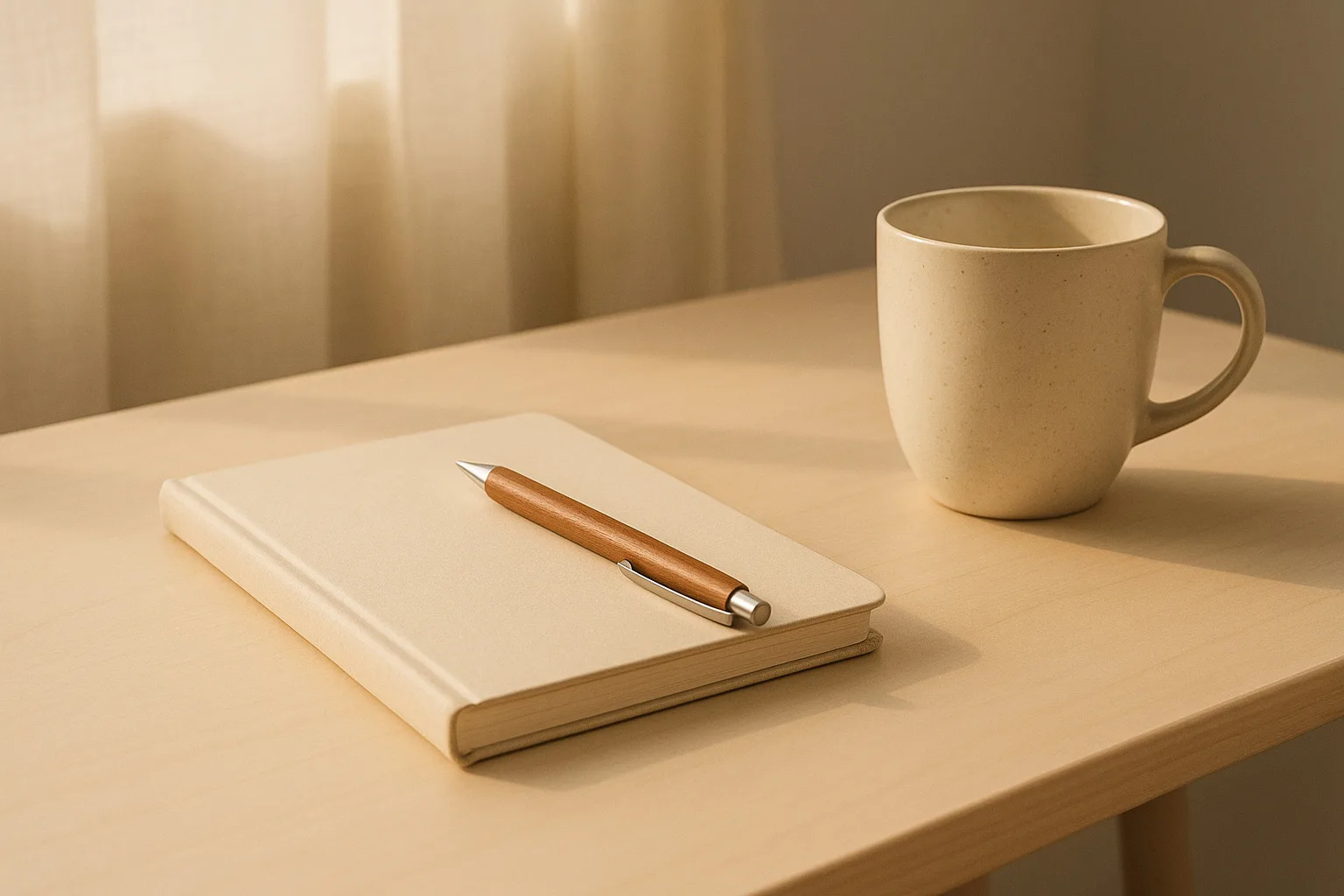 A quiet morning scene: notebook, pen, and a cup on a bright table—symbolizing recurring rituals.