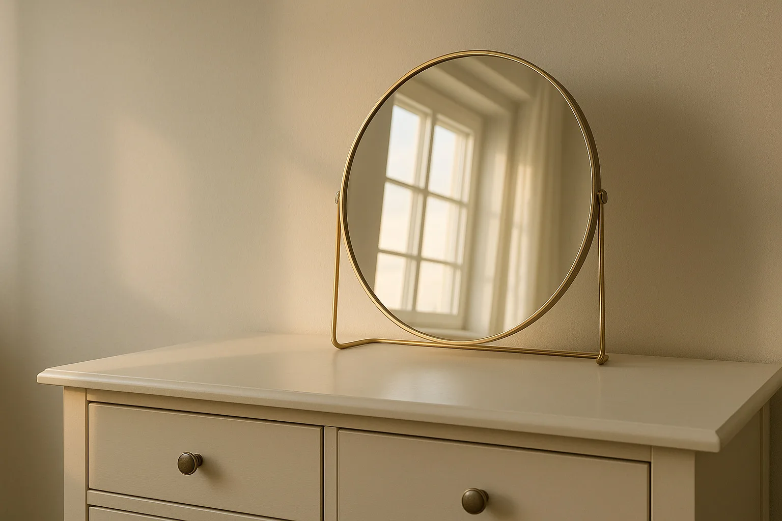 A calm mirror on a bright dresser reflecting a sunlit window—symbolizing self-image and clarity.